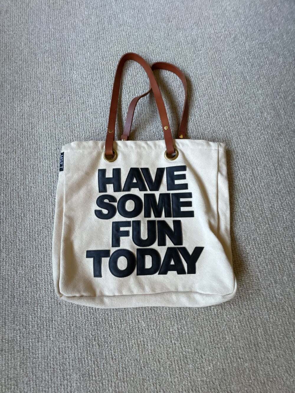 HSFT Have Some Fun Today Canvas Tote Bag with Leather Straps